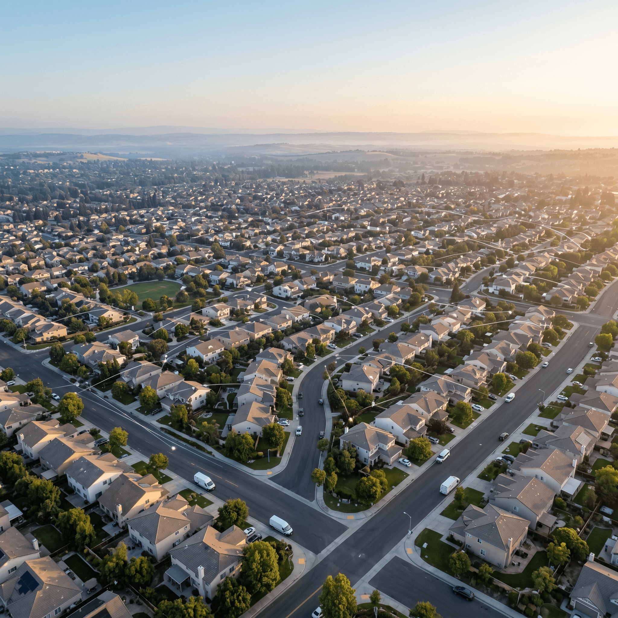Aerial view of a suburban service territory at dawn with homes, streets, and service vans connected by a faint dispatch network
