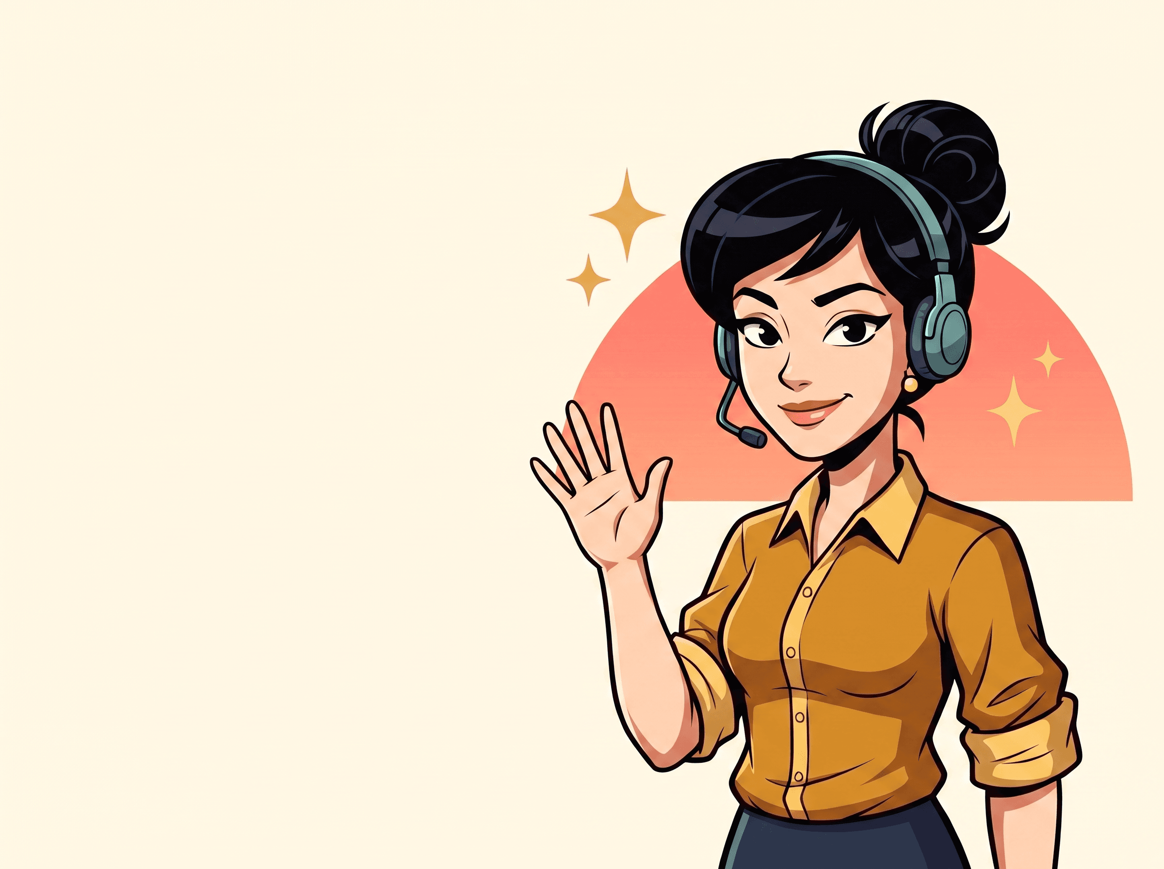 Pamela, the voice of Rainslice, a cartoon woman wearing a teal headset waving hello in front of a warm sunset arc