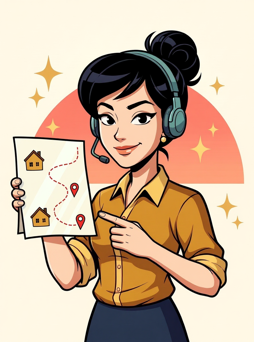 Cartoon of Pamela, the voice of Rainslice: routes that put workers in the right homes